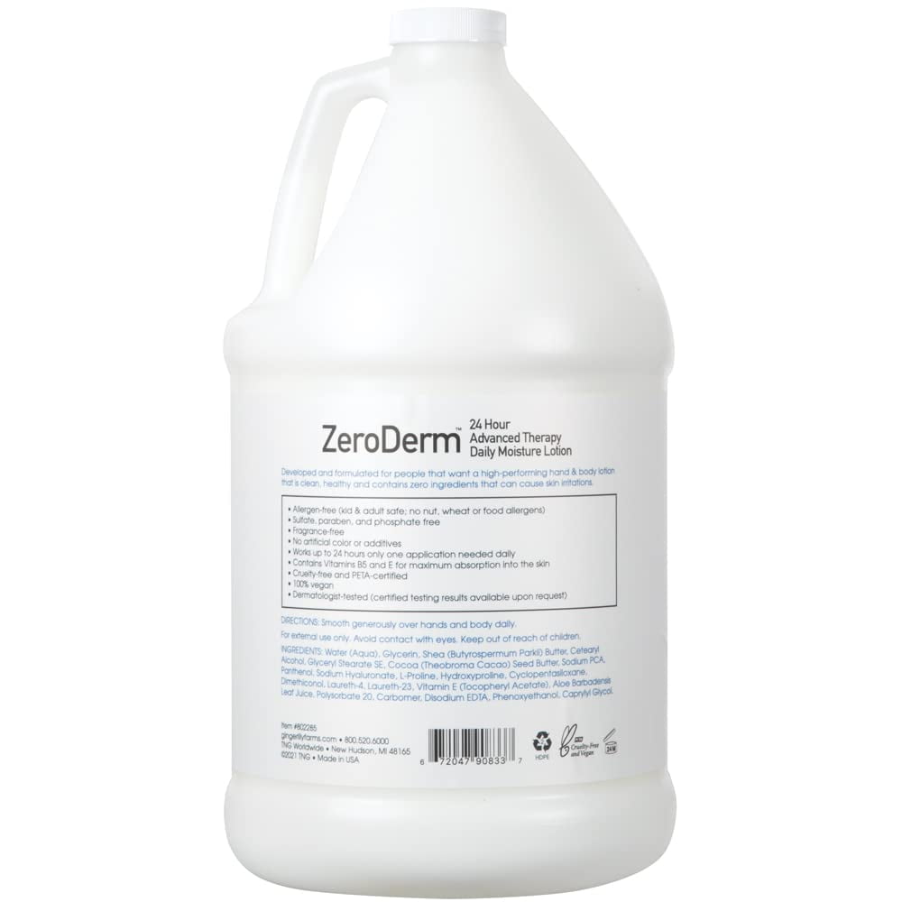 Ginger Lily Farms Botanicals ZeroDerm 24 Hour Advanced Therapy Daily Moisture Lotion, Allergen-Free, 100% Vegan & Cruelty-Free, Fragrance Free, 1 Gallon (128 Fl. Oz.) Refill