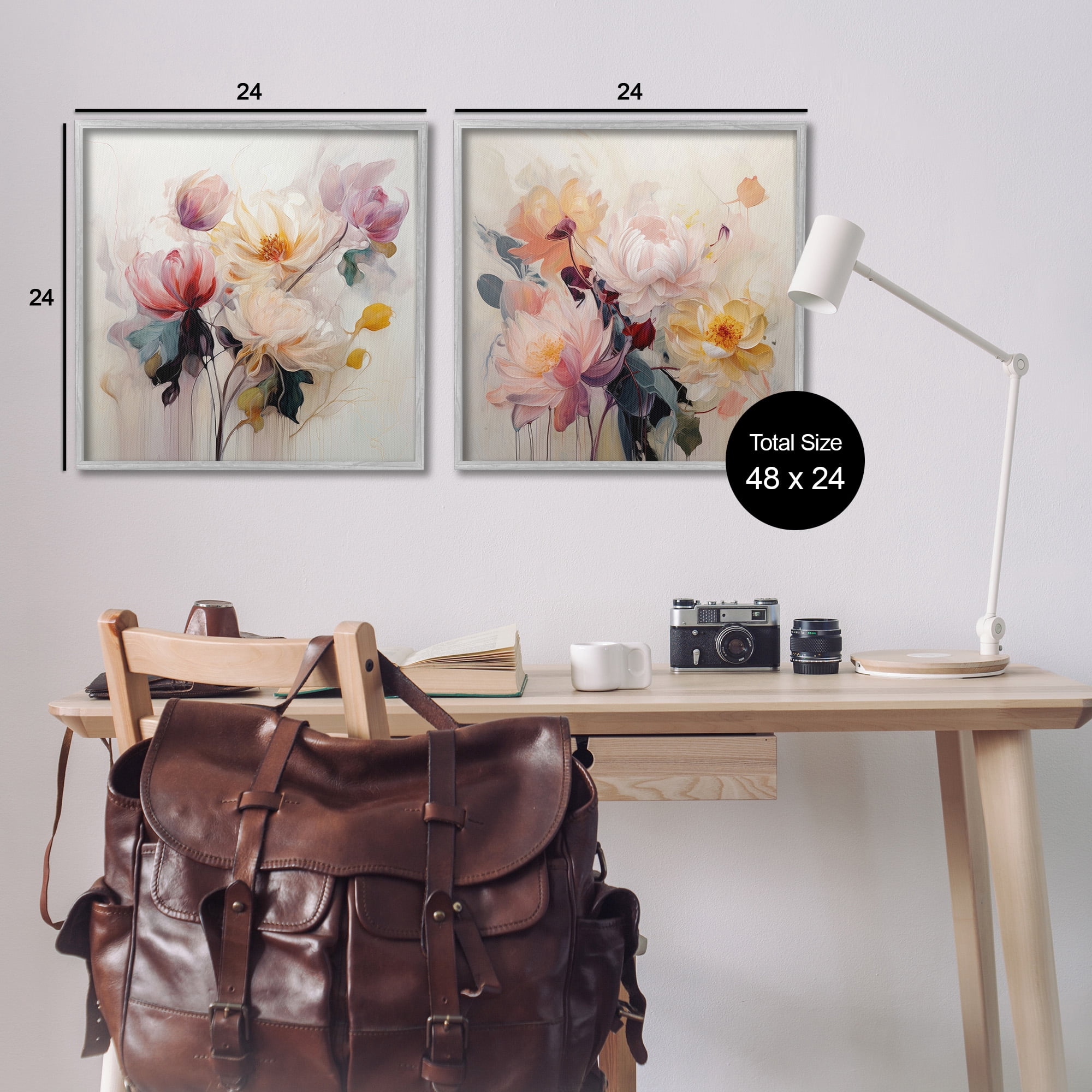 Stupell Industries Soft Blooms on Beige Botanical & Floral Painting Gray Framed Art Print Wall Art, 24 x 24, Set of 2