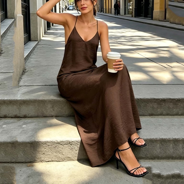 Hduncf Women's Halter Neck Backless Cami Dresses Solid Color Linen Maxi Dress Open Back Vacation Boho Summer Outfits Brown L