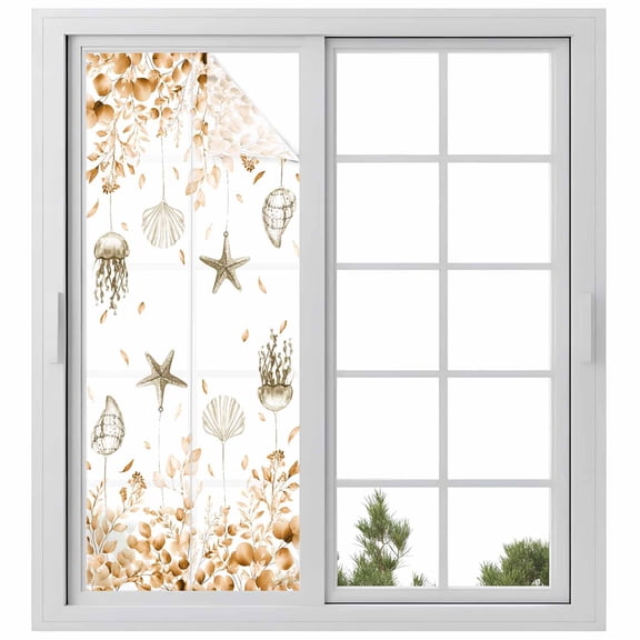 Static Cling Door Window Covering, Orange Eucalyptus Coastal Window Privacy Film Frosted, Beach Starfish Conch UV Blocking Windows Film for Office, Hotel, Bedroom, 29.5 x 78.7 Inches