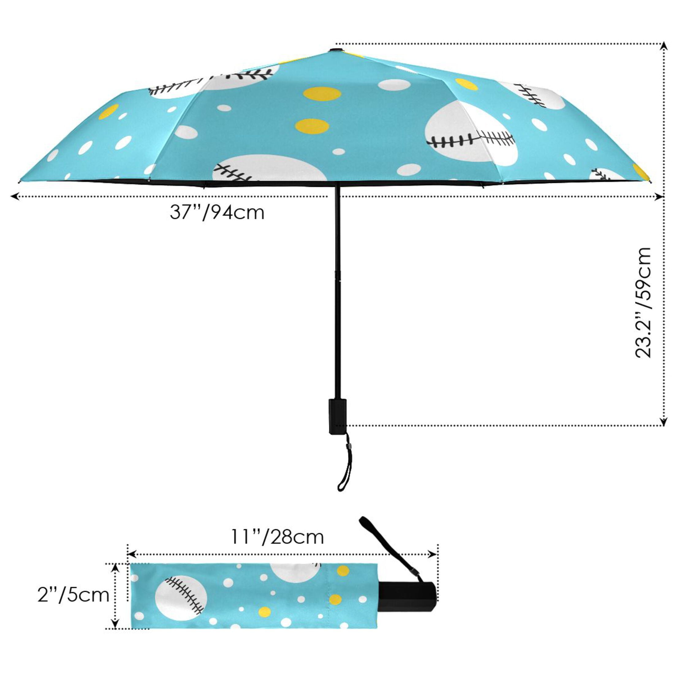 ALAZA Baseball Polka Dots UPF 50+ Compact Folding Umbrella for Rain Travel Umbrella Packable