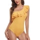 thumbnail image 2 of Traje de baño de una pieza con volantes amarillos para mujer, elegante traje de baño asimétrico de un solo hombro, 2 of 6