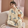 thumbnail image 2 of Pijamas de primavera y otoño para mujer, cárdigan de algodón de imitación con cuello en V, pantalones de manga larga, conjunto de ropa holgada para el hogar con dibujos animados, 2 of 6