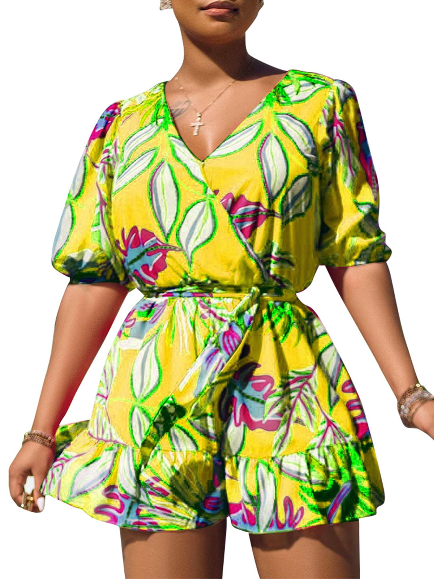 Karuedoo Women's Summer Boho Romper V Neck Floral Print Short Sleeve Ruffle  Hem Jumpsuit with Belt Yellow XL 