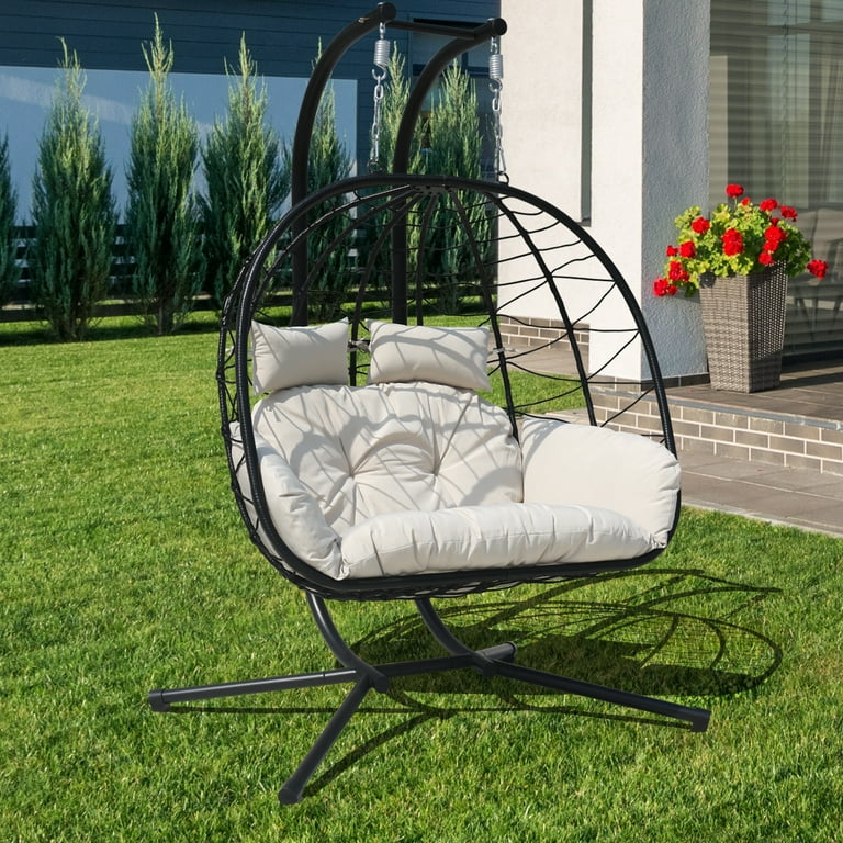FKSLIFE Outdoor Double Egg Chair with Stand, Hammock Cushion FKSLIFE Outdoor Double Egg Chair with Stand, Hammock Cushion