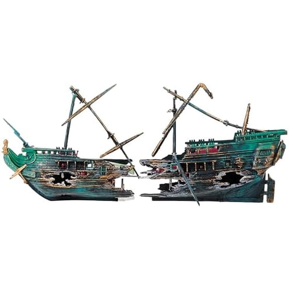 Shipwreck Aquarium Decoration Ornament with Moving Masts, Lifeboat, and Bubble Action