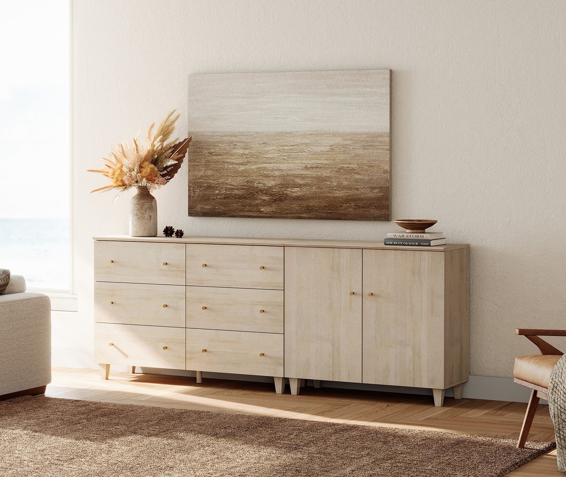WAMPAT Wide TV Stand for 85+ Inches TVs, 2-in-1 Modern Wooden Media Console with 6 Spacious Drawers and 1 Storage Cabinet for Living Room, Light Oak