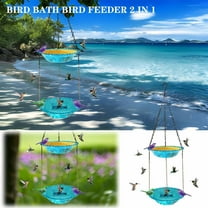 9.25 Inch Hanging Bird Bath, 2 in 1 Double Tier Glass Bird Bath Hanging Decor, Hummingbird Outdoor Bird Feeder Durable Rust-Resistant Chains with S-Hook for Garden Yard
