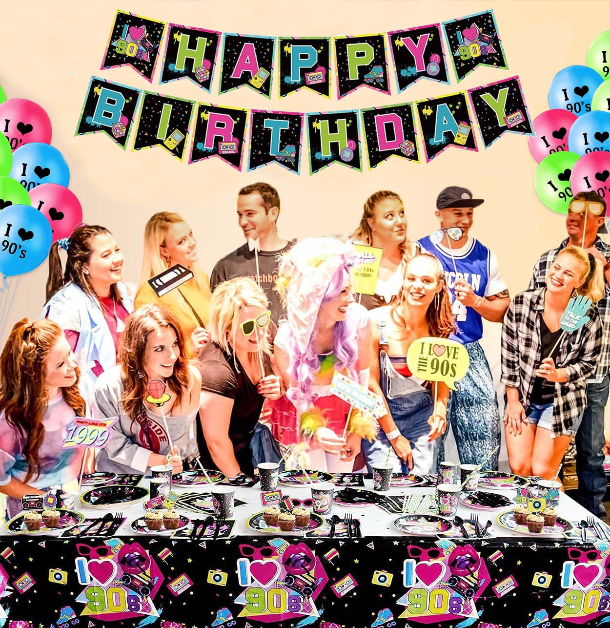 90s Party Supplies - Back to the 90s Party Decorations Set Including HAPPY BIRTHDAY Banner, Hanging Swirls, 90s Element Bunting, Plates, Cups, Napkins, Tableware, Tablecloth, Balloons - Serves 20