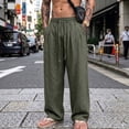 thumbnail image 4 of Mens Big and Tall Linen Pants Wide Leg Baggy Pants Elastic Waist Casual Summer Beach Palazzo Trousers Size M-5XL Army Green, 4 of 6