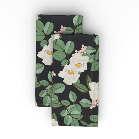 

Cotton Sateen Dinner Napkins (Set of 2) - Floral Flowers Garden Black Green Print Cloth Dinner Napkins by Spoonflower