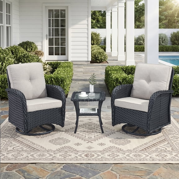 POCASSY Outdoor Swivel Glider Chairs - Outdoor Swivel Rocking Chairs Set of 2 with Rattan Side Table, All Weather Black Wicker Outdoor Bistro Set 3 Piece Patio Furniture Set for Porch Pool, Beige