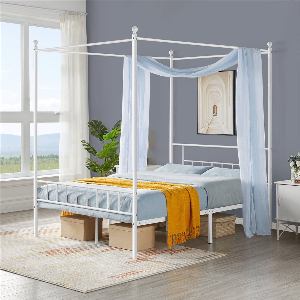 Queen Canopy Metal Bed Frame Upholstered Four-poster Steel Foundation Platform 