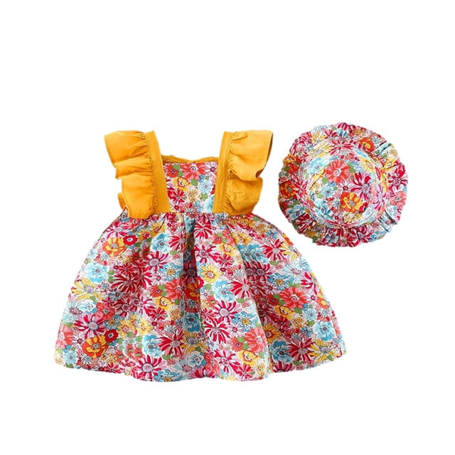 Combinaison pour Filles 0-3 Ans Robe d'Été pour Filles à Manches Volantées Jupe Imprimée Robe de Princesse. la Tenue Présente une Jupe à Imprimé floral Vif avec Manches Volantées Jaunes et Bretelles Assorties. Comprend un Chapeau floral Coordonné. Faite de Coton Doux et Respirant, Convient aux Âges 0-3 Ans. Idéale pour la Maison, l'Extérieur, les Voyages Ou les occasions Spéciales comme les Anniversaires et les Séances photo.