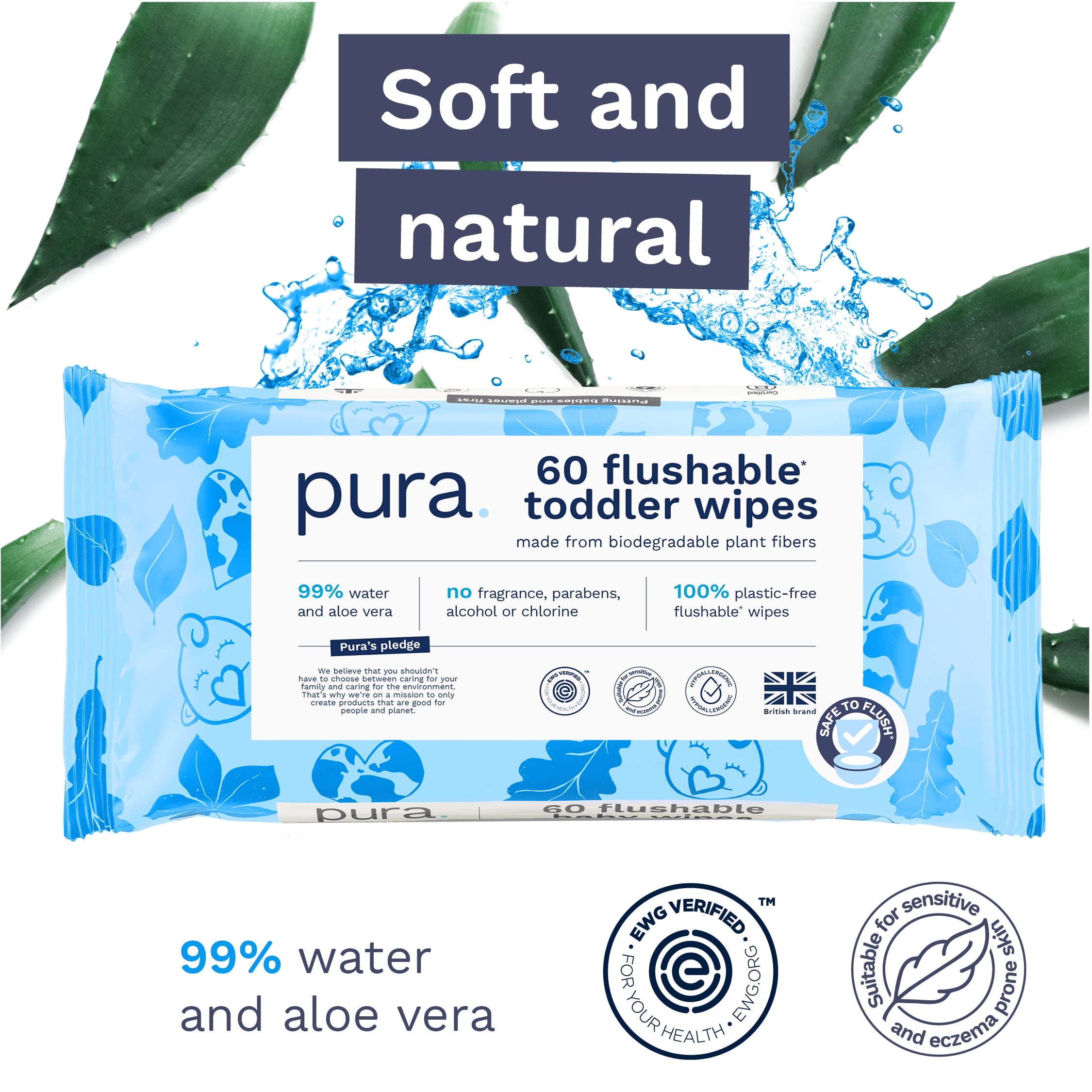 Pura Flushable Toddler Wipes Fragrance Free EWG Verified Plastic Free , 600ct (Choose Your Count)