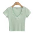 thumbnail image 1 of Top de manga corta para mujer, cuello en V, ajustado, tejido de gofre, ropa femenina de algodón para la vida diaria y el trabajo, 1 of 8