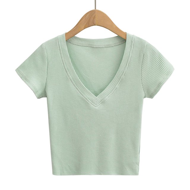 Top de manga corta para mujer, cuello en V, ajustado, tejido de gofre, ropa femenina de algodón para la vida diaria y el trabajo