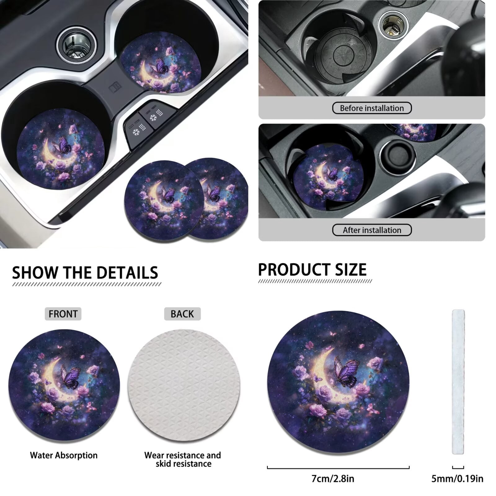 Jeiento Butterfly Moon 11 Pack Car Seat Covers for Women, Front Rear Seats Cover Keychain Headrest Cover Cup Coasters Handbrake Cover Gear Shift Cover Purple Automobile Interior Accessories