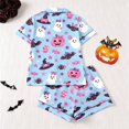 thumbnail image 4 of CUZIBR Baby Girls Halloween Pajamas Short Sleeve Bow Print Button Down Shirt And Shorts 2 PC Sleepwear Ghost Pumpkin Spider Graphic Lapel Smooth Loungewear Casual Daily Homewear,Light Blue,7-8 Years, 4 of 9