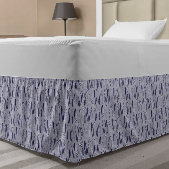 Botany Bed Skirt, Bohemian Leaves Ethnic Hippie Style Nature Bush Herbs Foliage Berry, Elastic Bedskirt Dust Ruffle Wrap Around for Bedding Decor, 4 Sizes, Purple Grey Ceil Blue, by Ambesonne