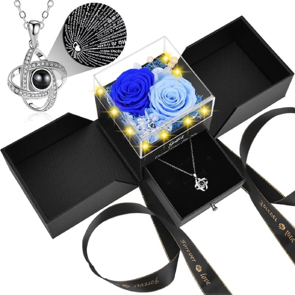 2 Preserved Rose with Heart I Love You Necklace - Eternal Rose Birthday Gifts for Women Wife Girlfriend Her Mom Grandma on Festivals Gifts Christmas Valentines Mothers Day Anniversary(Blue)