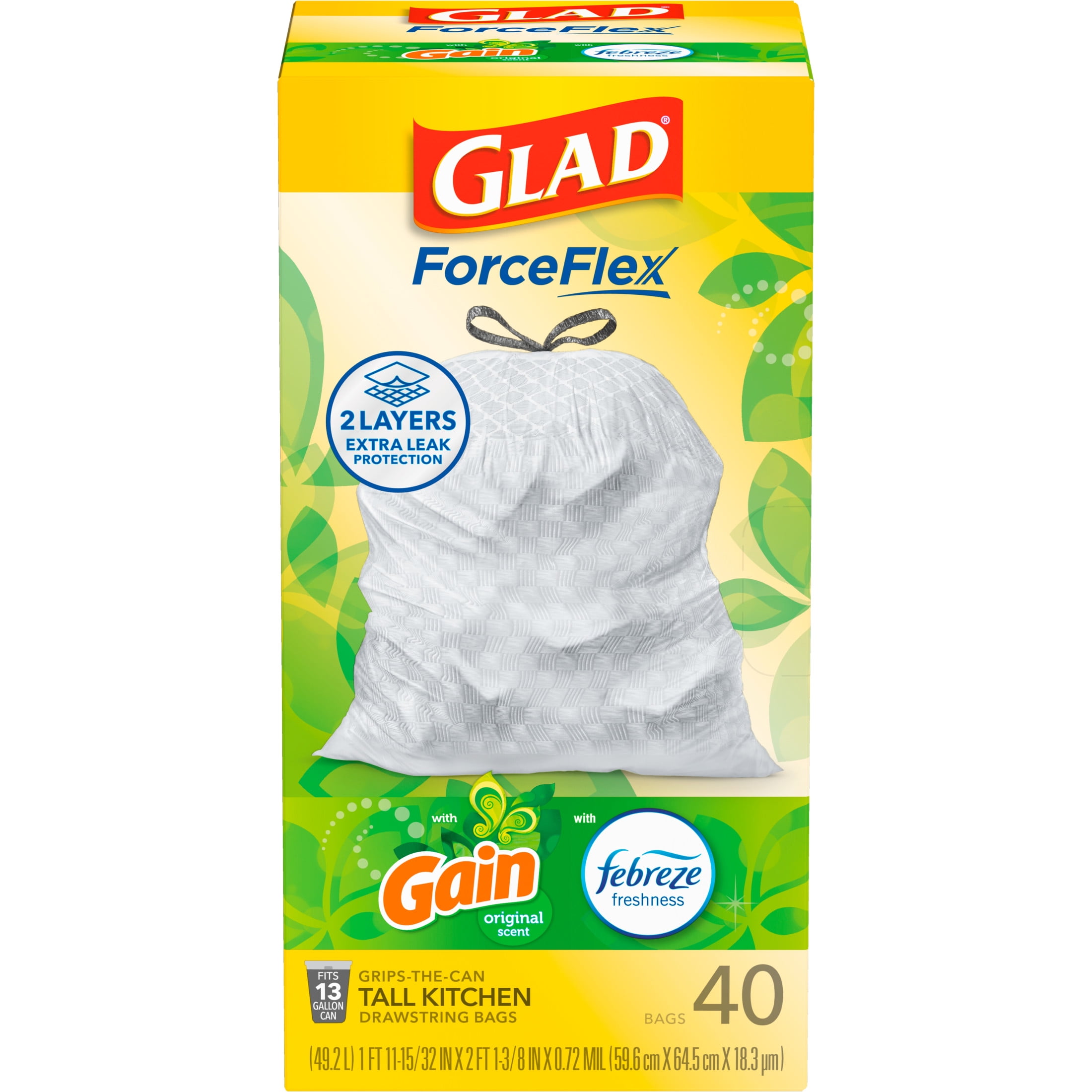 Glad ForceFlex Tall Kitchen Drawstring Trash Bags, 13 Gal, Gain Original with Febreze, 40 Ct