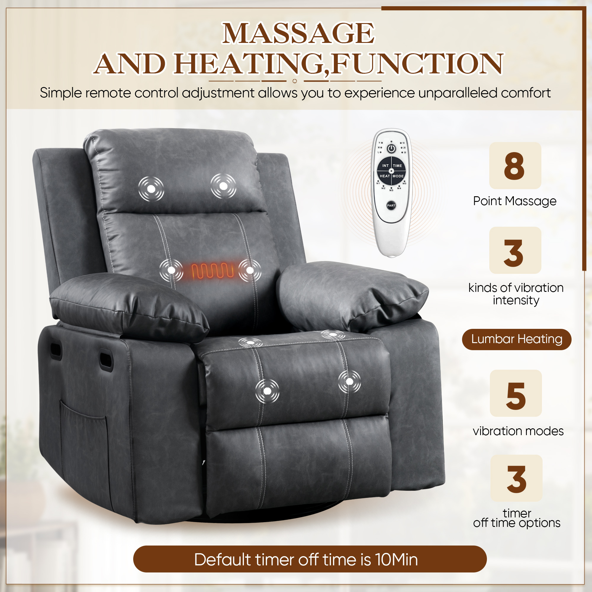 Dinosisco Swivel Rocker Recliner with Heat and Massage, Power Recliner Lounge Chair for Living Room, Gray Faux Leather
