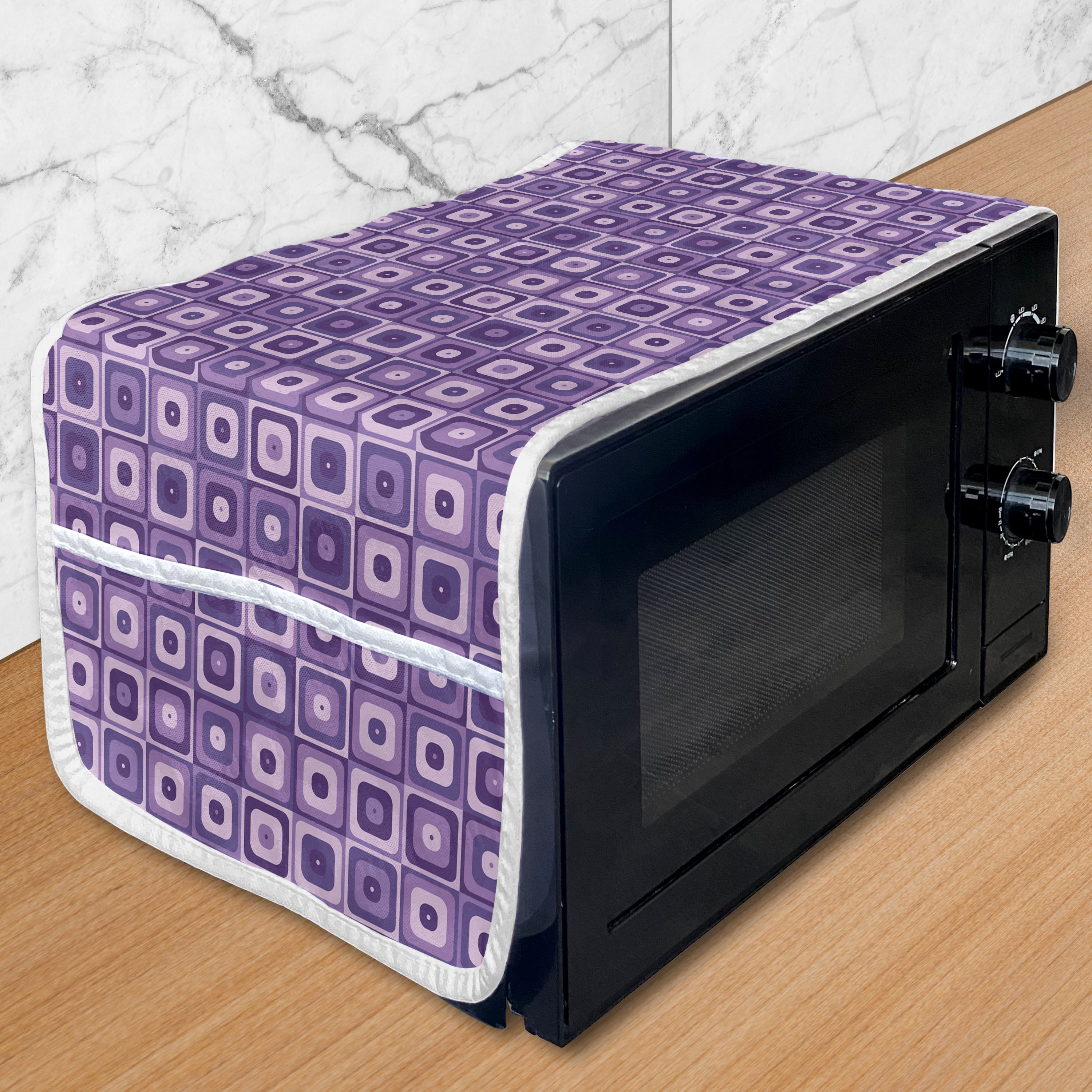 Retro Microwave Oven Cover, Monochromatic Style Rounded Corners Squares