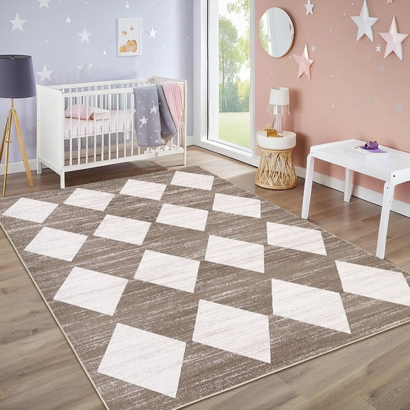 Tapis Lavable 9x12 pour Salon Salle à Manger Tapis Neutre pour Chambre de Bébé Tapis à Carreaux Usé Résistant aux Taches Couvre-Plancher Style Ferme Tapis Bruns