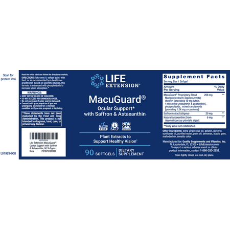 Life Extension MacuGuard Ocular Support 90 softgels with Saffron, Lutein, Astaxanthin & Zeaxanthin, - Eye Vitamin Supplement