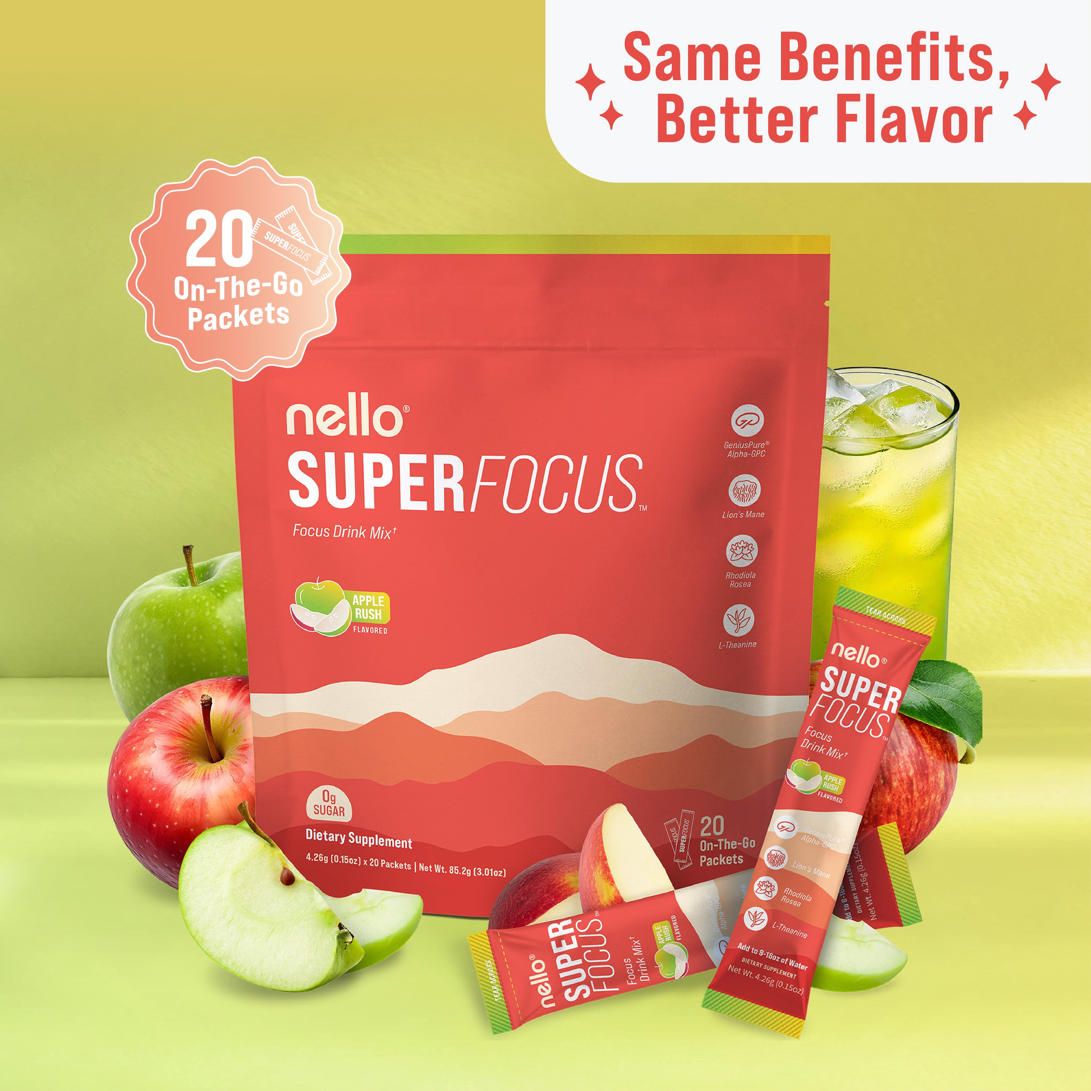 Nello SuperFocus Focus Drink Mix – Fruit Punch Flavor – Alpha GPC, Lion’s Mane, Rhodiola & N-Acetyl L-Tyrosine – Sugar-Free, On-the-Go Packets – 20 Travel Packets - Apple Rush