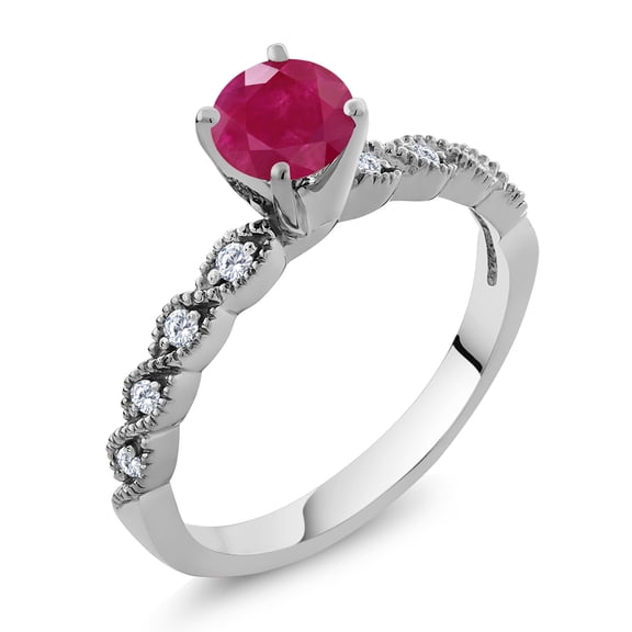 Gem Stone King 925 Sterling Silver Ring Round Red Ruby and Moissanite (1.12 Cttw, Size 7)