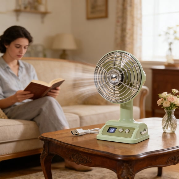 Yrmaups Ventilateur de Bureau Vintage pour Bureau à Domicile, Mini Ventilateur Rechargeable avec Affichage Numérique, Ventilateur Personnel à 100 Vitesses Réglables pour Chambre, Bureau, Voyage, Camping