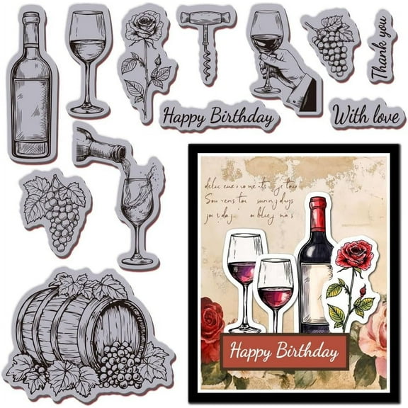 Wine Cling Rubber Stamp 8.7"x7" Grapes Rose EVA Stamps Embossing Stamp Seal Rubber Stamps for DIY Scrapbooking and Card Making Paper Craft Decor