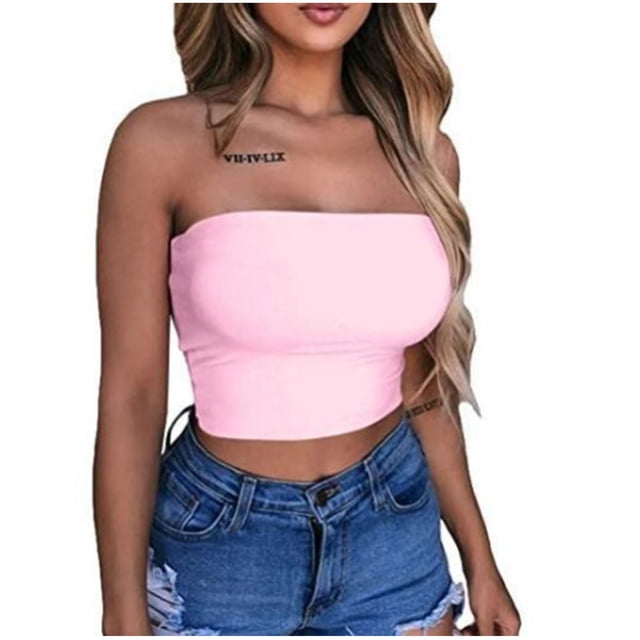 Blusa sin tirantes con parte superior de tubo superior casual de moda de verano de color sólido para mujer Pompotops hkajfhjk473896