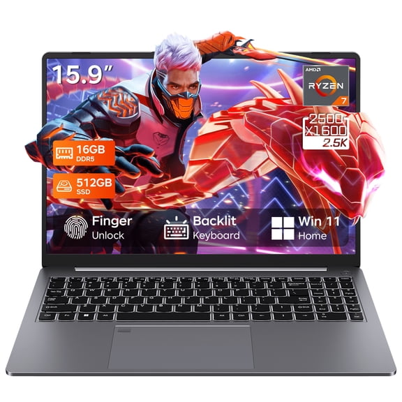RNRUO 15.9" Gaming Laptop, 16GB DDR5 RAM 512GB SSD, AMD Ryzen 7 7735HS, 8 Cores up to 4.75GHz, 2560x1600 Display Fingerprint Backlit KB, WiFi6 BT5.3, Windows 11 Computer for Gaming, Business, Study