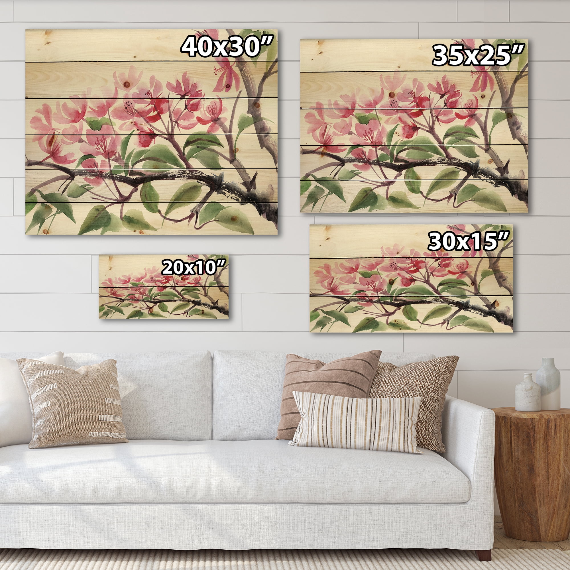 Designart 'Pink Blossoming Floral Tree' Traditional Print on Natural Pine Wood