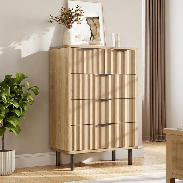 Cómoda moderna de cinco cajones con cinco cajones empotrados, mesita auxiliar de madera, patas metálicas, amplio espacio de almacenamiento y mecanismo antivuelco.