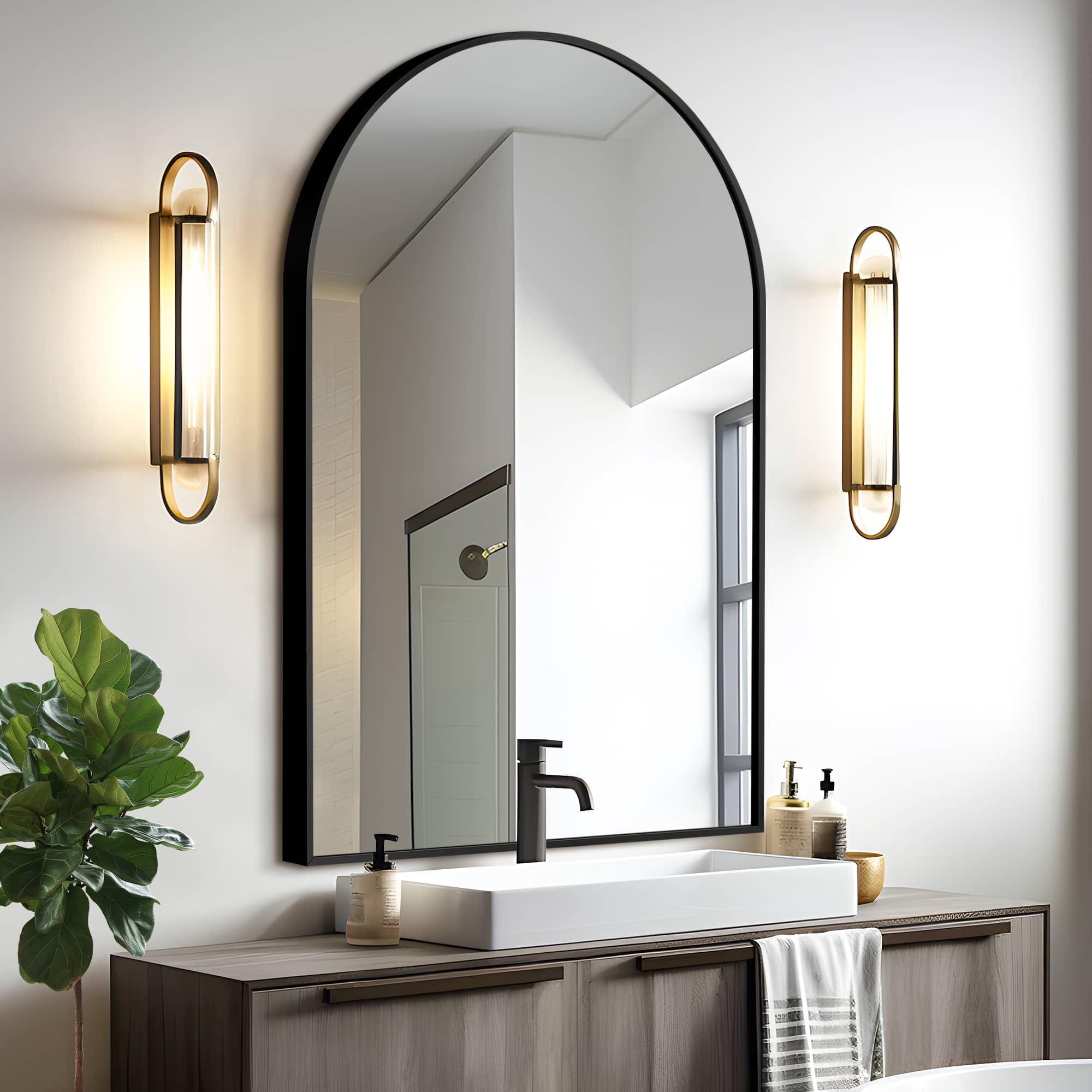 36"x 24" Aluminum Alloy Thin Edge Arched Bathroom Hanging Mirror,Black