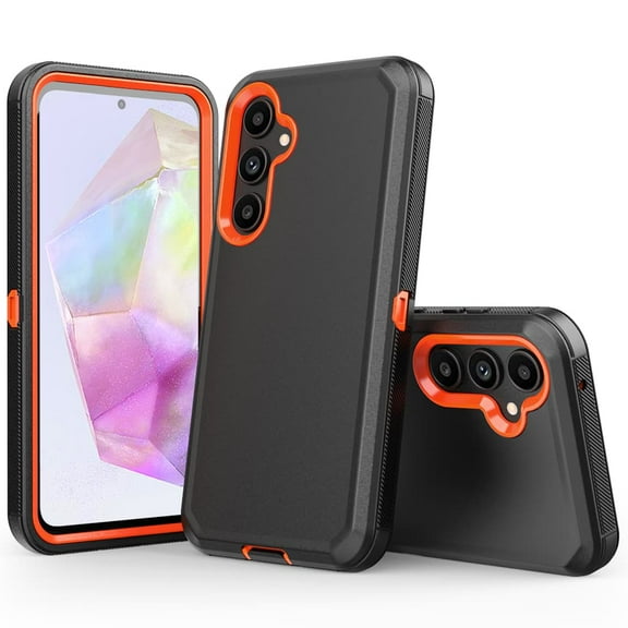 Hotpom for Samsung A35 5G Case Heavy Duty Shockproof Dust/ Drop Proof Full Body Protection Rugged Durable Women Men universal Phone Cover, Black/ Orange