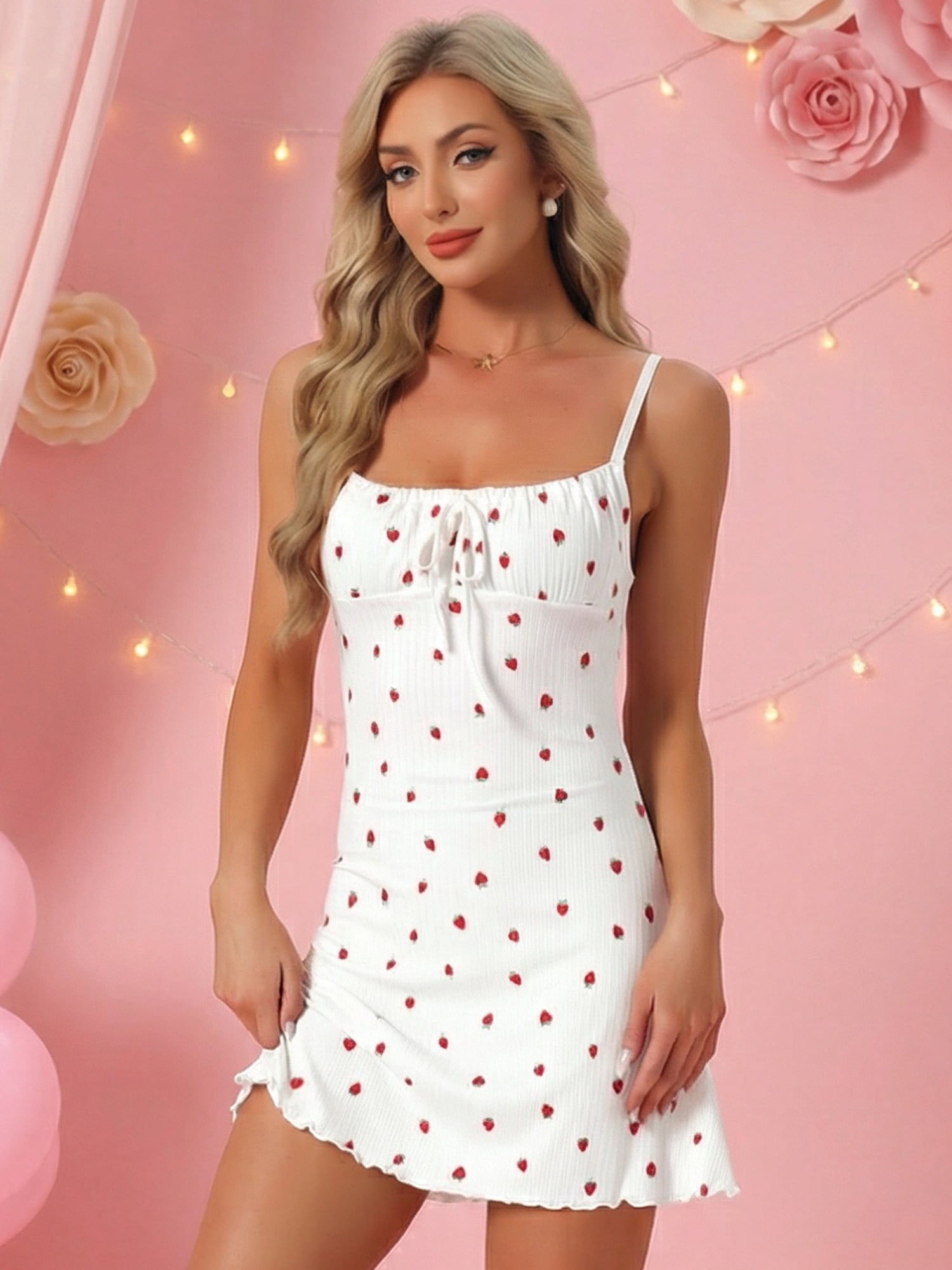 DARING DIVA Women's Ribbed Cute Print Bow Ruffle Hem Sleeveless Nightgowns M Strawberry