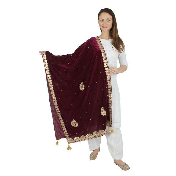 BURGUNDY Velvet Scarf Gota Patti Four Side Work Party Wear Dupatta/Chunni Shawl