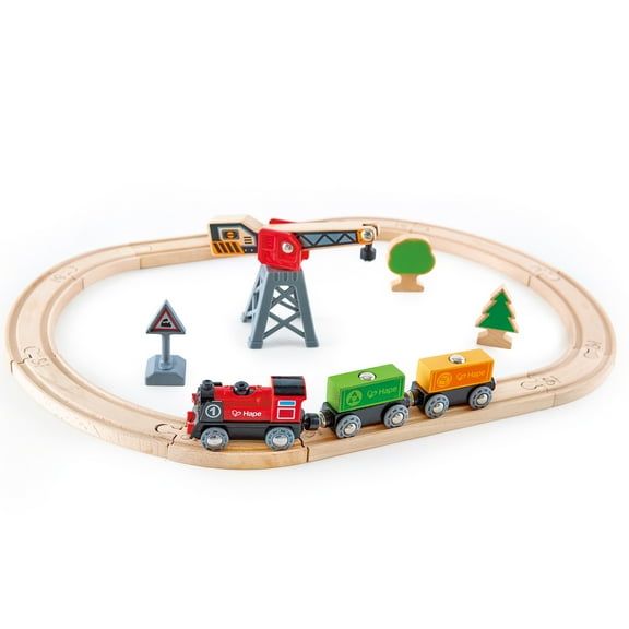 Hape: Cargo Delivery Loop - Battery Powered Engine, Oval Track Railway Set, Wooden Toy, 3 Magnetic Linking Trains, Crane, Accessories, Kids Ages 3 
