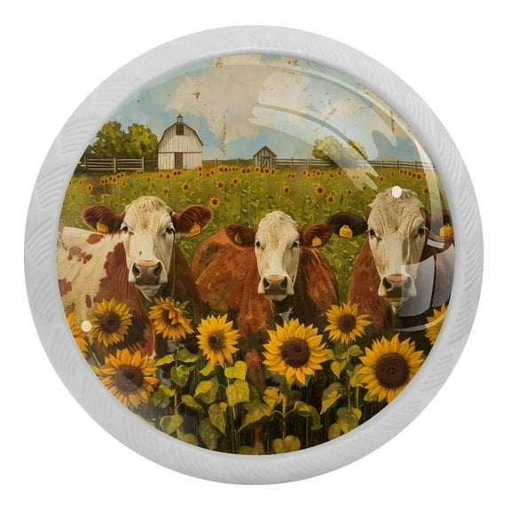 PhooArto Farm Sunflowers and Cows 4 PCS Crystal Glass Cabinet Knobs, Drawer Kitchen Cabinets Dresser Cupboard Wardrobe Pulls Handle - Glowing in the Dark