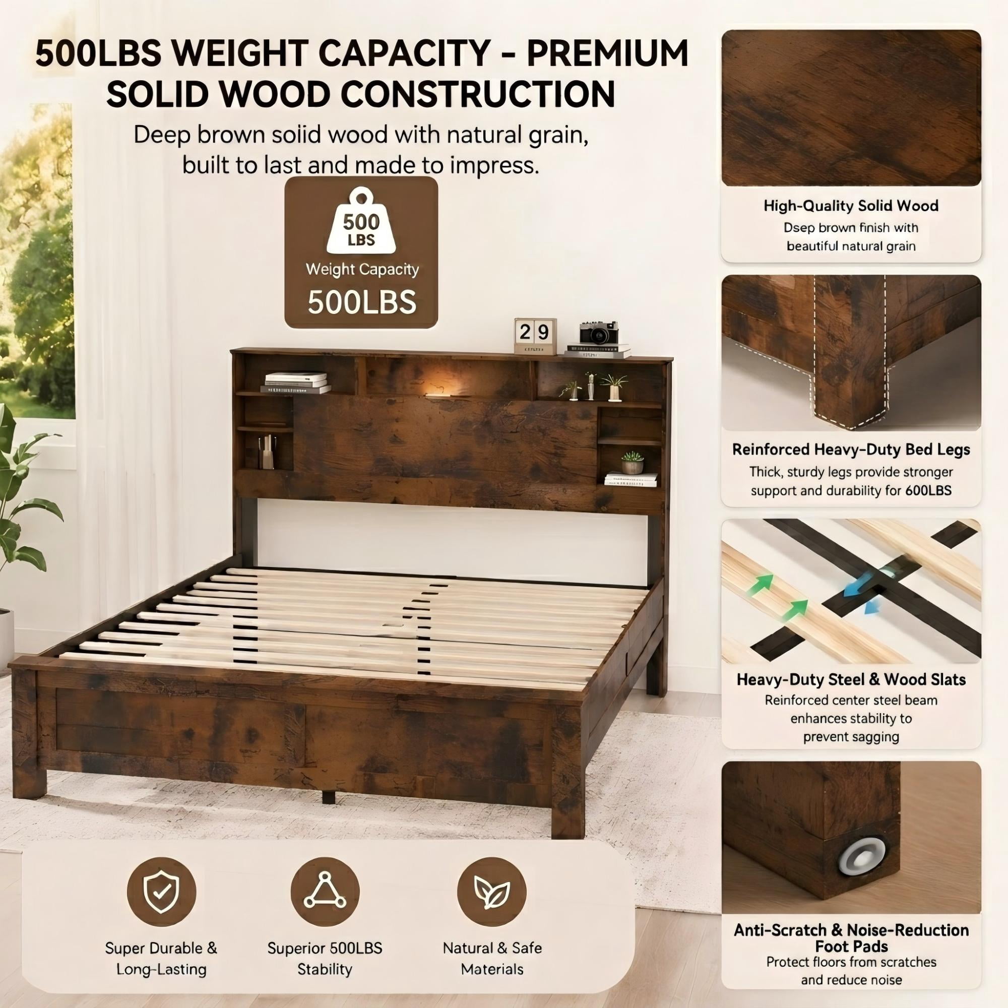 Aukfa Queen Size Bed Frame with Charging Station, Storage Headboard & LED Lights, Farmhouse Wood Platform Bed, Brown