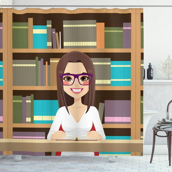 Geek Shower Curtain, Happy Student Girl in Library Studying Reading a Textbook Themed Digital Image Print, Fabric Bathroom Set with Hooks, 69W X 84L Inches Extra Long, Multicolor, by Ambesonne