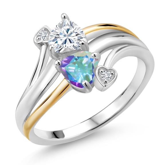 Gem Stone King 925 Silver and 10K Yellow Gold Mercury Mist Mystic Topaz Lab Grown Diamond Ring Set with Moissanite (1.00 Cttw, Size 7)