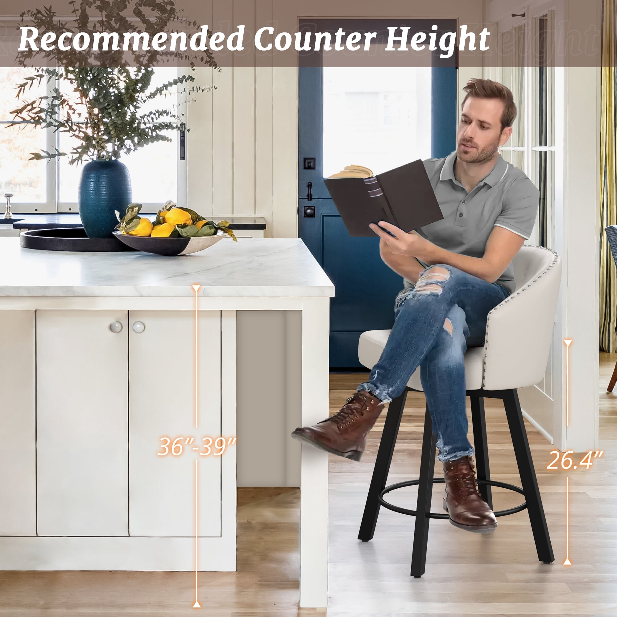 Dycanpo 26''H Swivel Counter Height Bar Stools Set of 2 with Backs Dining Chairs for Home, White