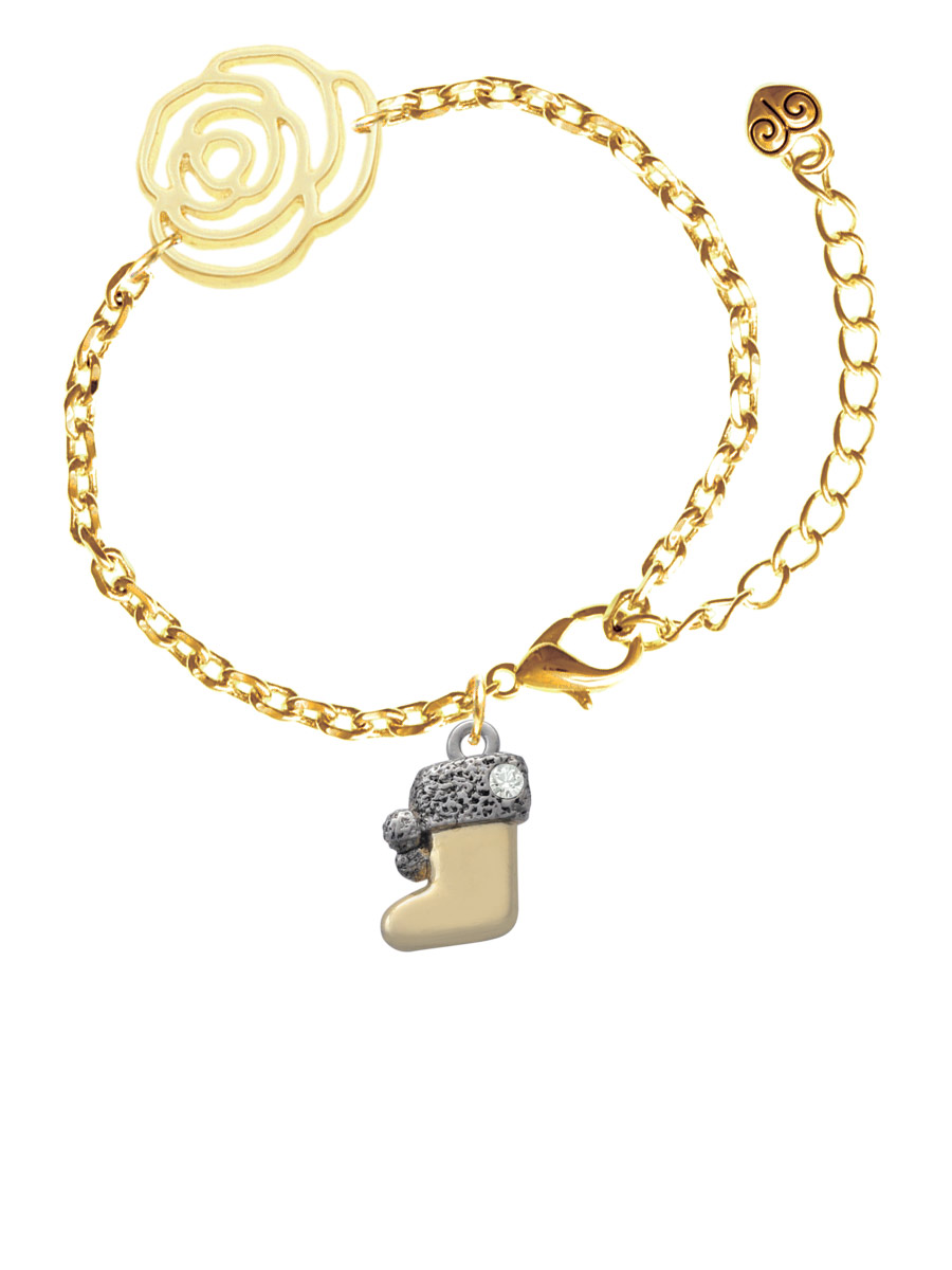 Delight Jewelry Two-tone 3-D Stocking with Clear Crystal Gold-tone Flower Link Chain Bracelet, 6.75"+2" Extender