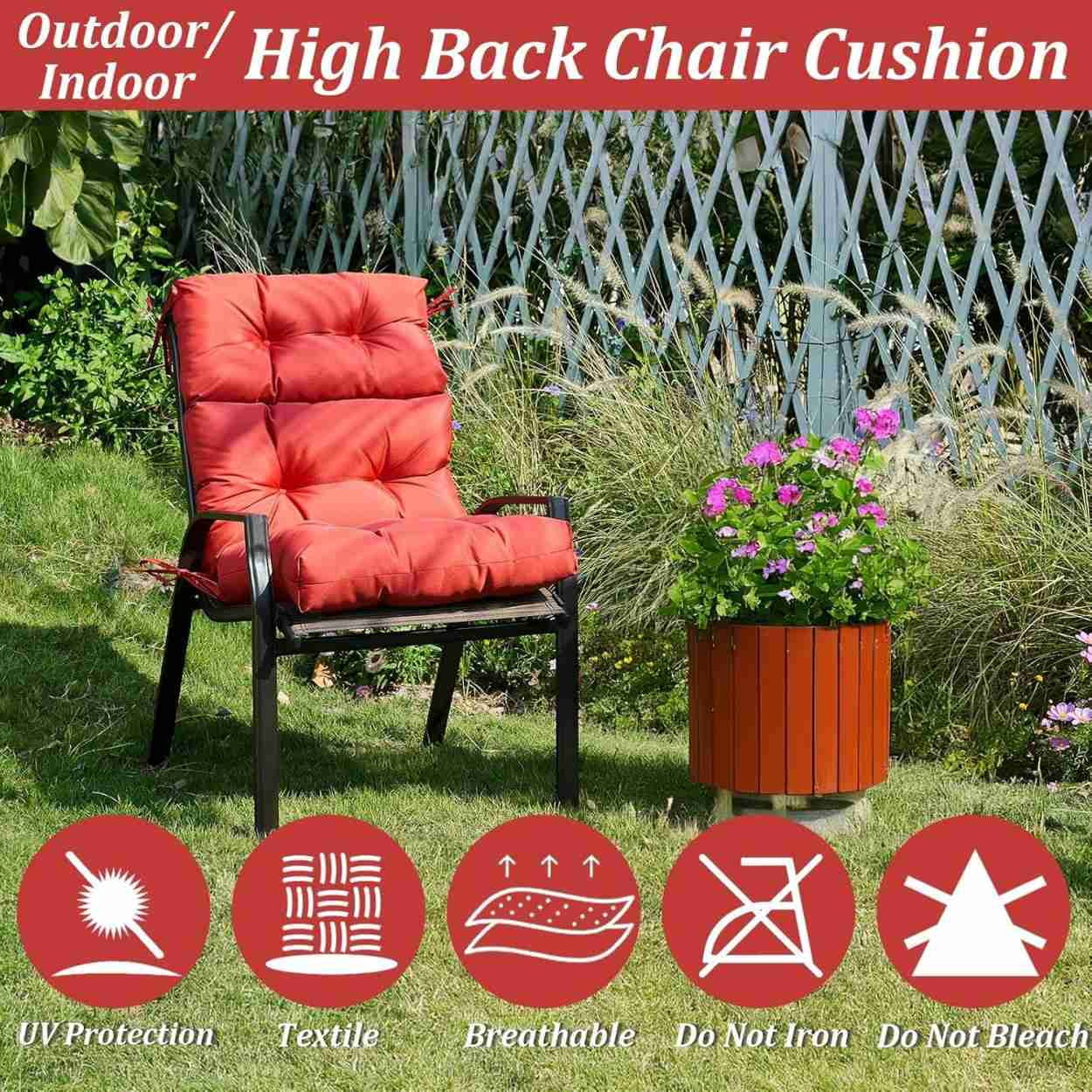 Outdoor Patio Chair Cushion, High Back Chair Cushion with String Ties, Spring/Summer Seasonal All Weather Replacement Rocking Chair Cushion, Adirondack Chair Cushion